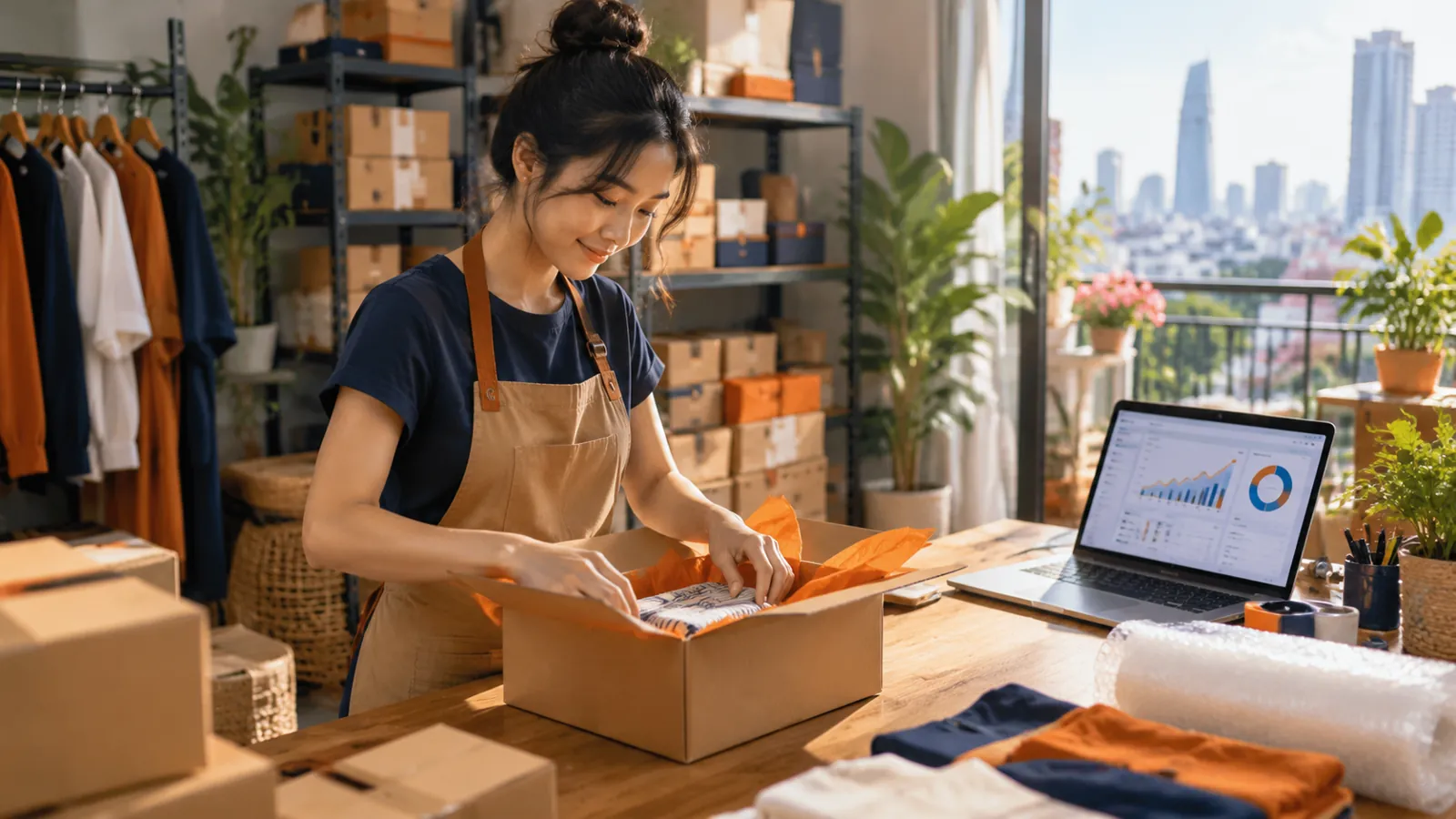 Chủ shop đóng gói đơn hàng online với laptop mở bảng số liệu