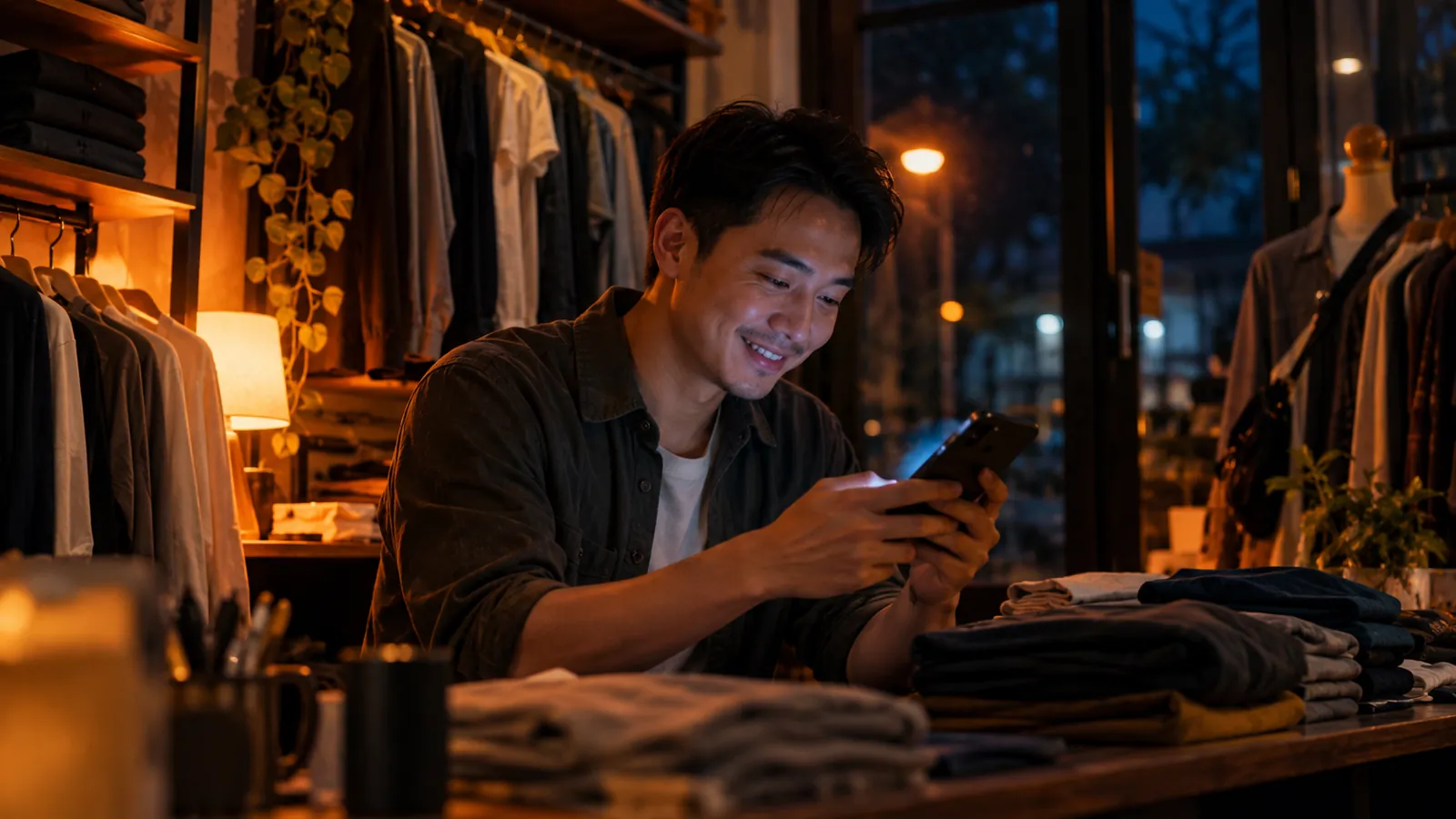 Chủ shop quần áo đọc tin nhắn khách trên điện thoại vào buổi tối