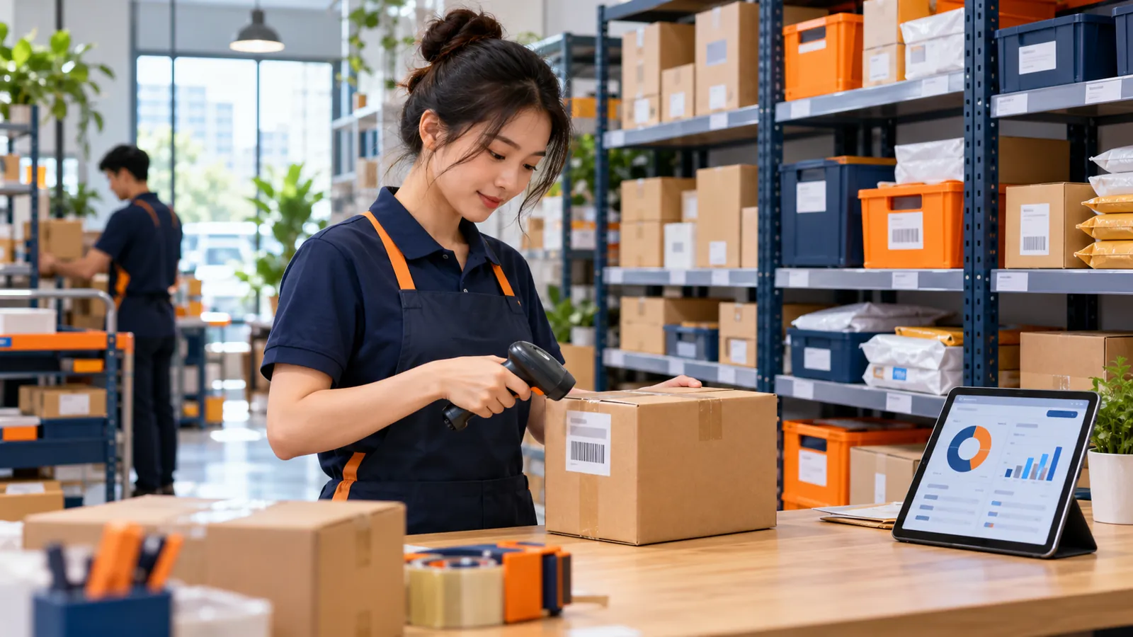 Nhân viên kho quét mã vạch thùng hàng, máy tính bảng hiển thị biểu đồ tồn kho
