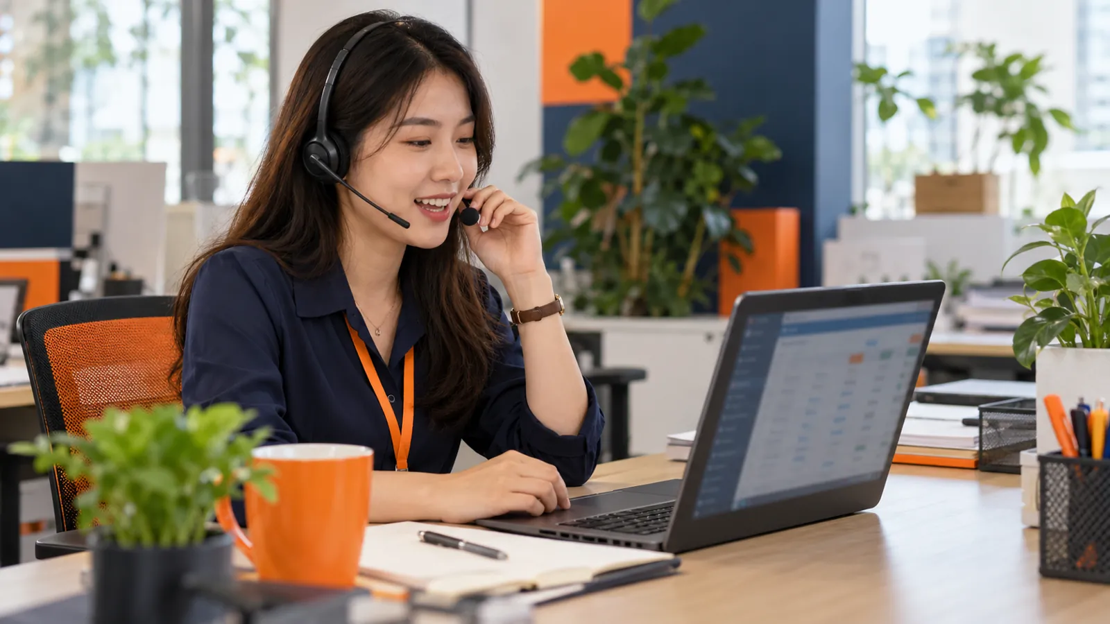 Nhân viên sale đeo tai nghe gọi điện cho khách, laptop mở danh sách lead